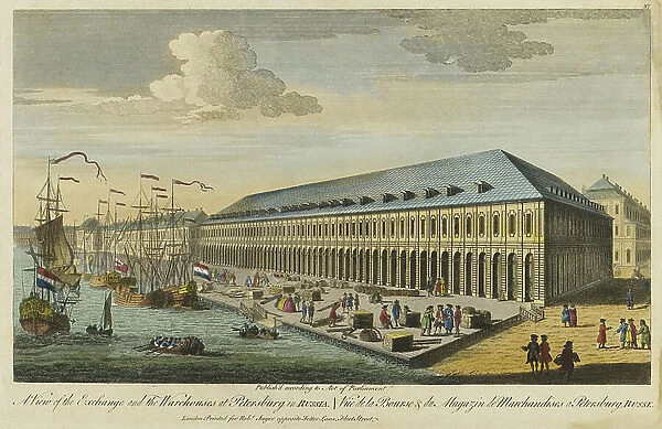 View of the stock exchange building and commodity warehouses in Saint Petersburg (Russia). Lithograph (34.6x48 cm), published by Robert Sayer, 18th century