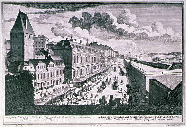 View of a street in Vienna engraved by Johann-August Corvinus (1683-1738) (engraving)