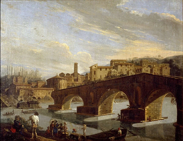 View of the Tiber at the level of the break bridge in Rome Painting by Gaspare Vanvitelli