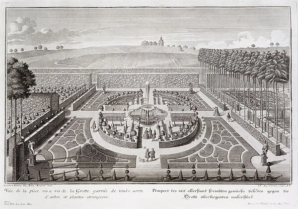 View of the topiary garden beside the grotto, Geibach, engraved by Johann August Corvinus