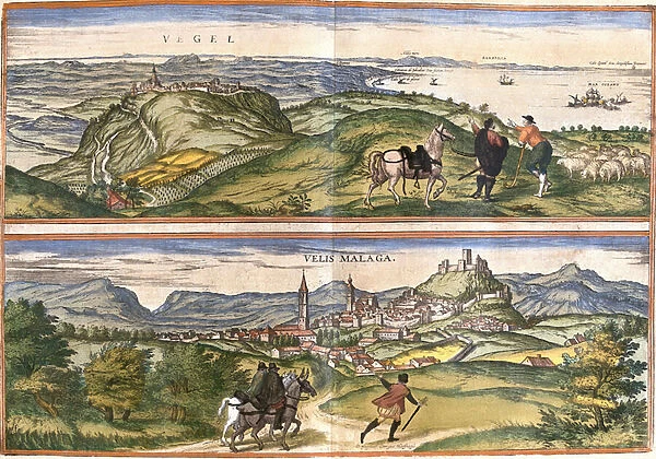 View of Vejer de la Frontera (Vegel) and Velez Malaga (Velis Malaga), Spain (etching