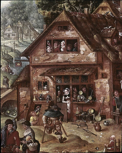 View of the village with burlesque scenes. Detail of the tavern, 1560-90 (Oil on canvas)