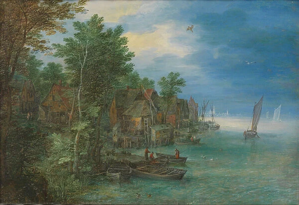 View of a Village along a River, 1604 (oil on copper)