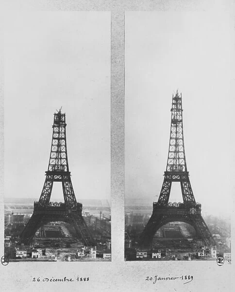 Two views of the construction of the Eiffel Tower, Paris