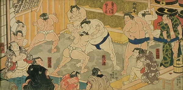 One of eight views of Kanjin Sumo, pub. by Tsutaya, 19th century, (triptych, oban size
