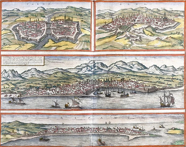 Views of Parma (Parma), Siena (Sena), Palermo (Panhormus) and Trapani (Drepanum) (Sicily)
