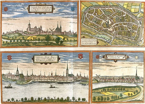 Views and plans of Cleves (Cliviam), Duisburg (Duisburgum)
