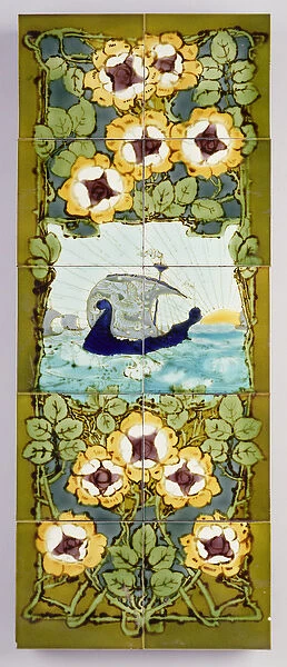 Viking panel, Burmantofts Pottery, c. 1905 (hand-painted ceramic)