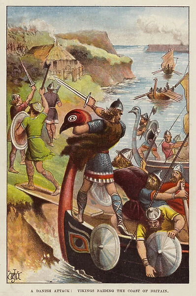 Vikings raiding the coast of Britain (chromolitho)