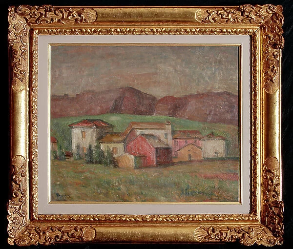 Village at the Foot of the Mountains (oil on canvas)