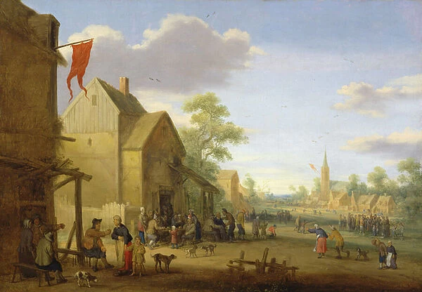 A village meeting with figures gathered in the street, 1624 (oil on panel)
