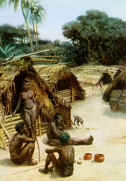 A Village in the New Hebrides, 1908 (colour litho)