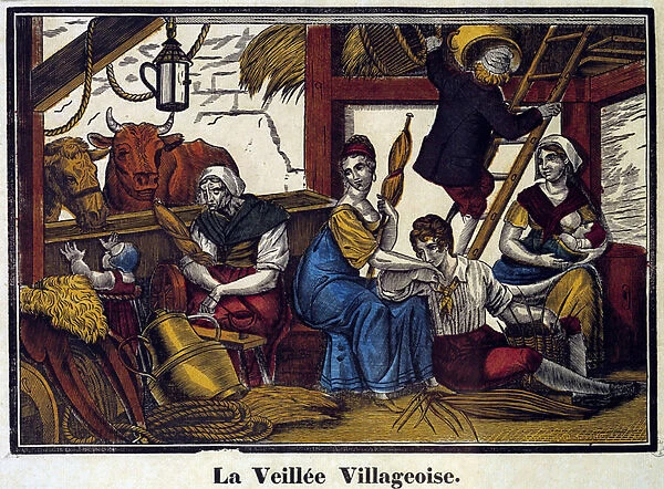 A village nightlife: a family of peasants in a barn. Engraving of the 19th century. Paris, B. N