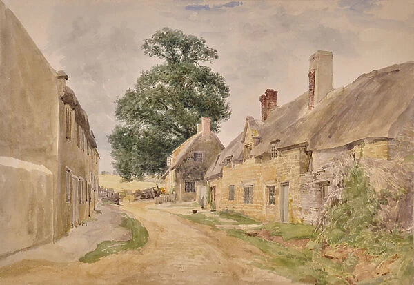 Village scene, street through thatched buildings, 1800-65 (Watercolour)