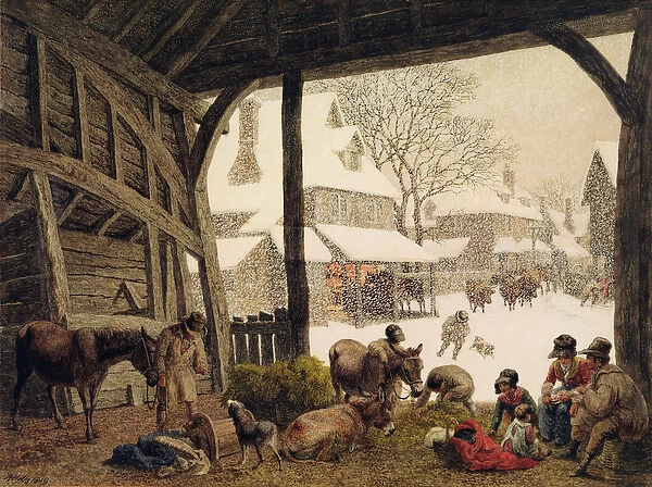 A Village Snow Scene, 1819 (w  /  c, bodycolour, scraping out over graphite)