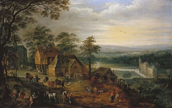 Village Street with Figures and Carts, a Moated Castle in the Background (oil on panel)