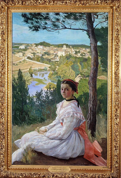 Village view Young girl posing in a landscape of Provence