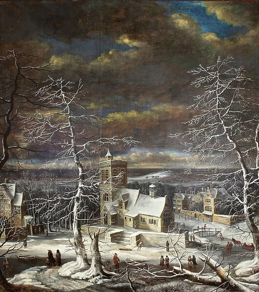 A village in winter in an extensive landscape with figures on the ice (oil on canvas)