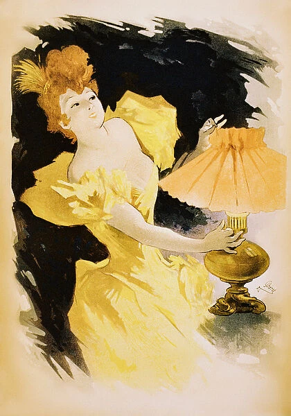 Vintage poster of elegant woman turning on gaslamp, 1980-89 (colour litho)