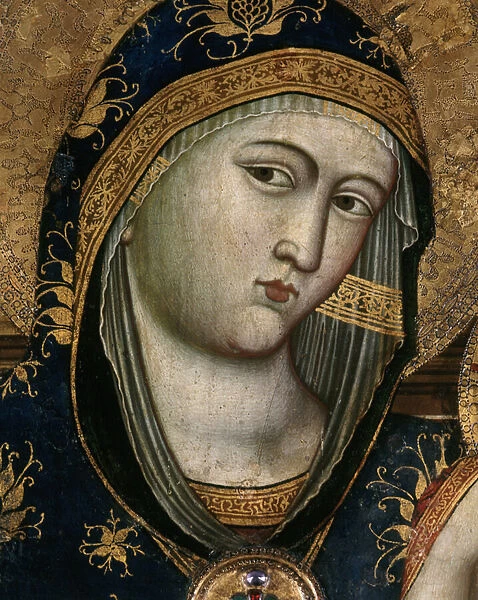 Virgin and Child, detail. The face of the virgin mary covered with a transparent fabric and a hood made of red fabric. Detail of the portrait of the Virgin and Child. Painting by Giovanni Del Biondo (ca. 1356-1398). Polyptych. Italian altarpiece