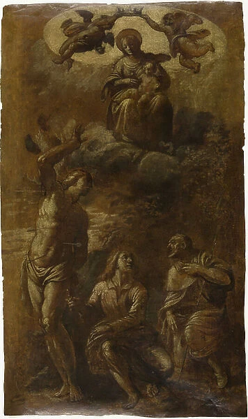 Virgin and Child in Glory with Saints Sebastian, John the Evangelist, and Roch, c.1610 (oil with graphite (varnished) on cream laid paper)