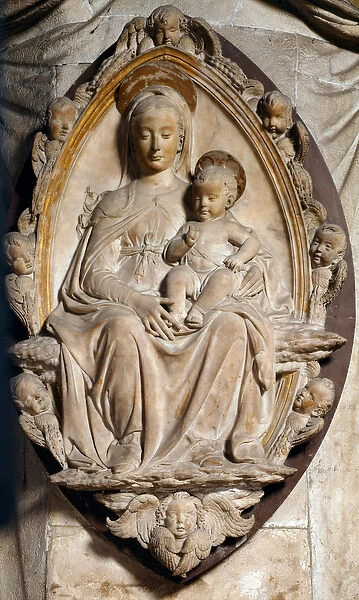 Virgin and child in mandorla. Low relief sculpture, 1478