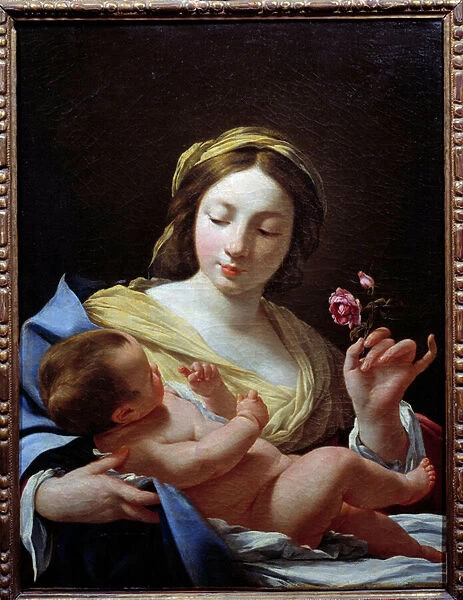 The Virgin a Child and a Rose Painting by Simon Vouet (1590-1649) 1627 Sun