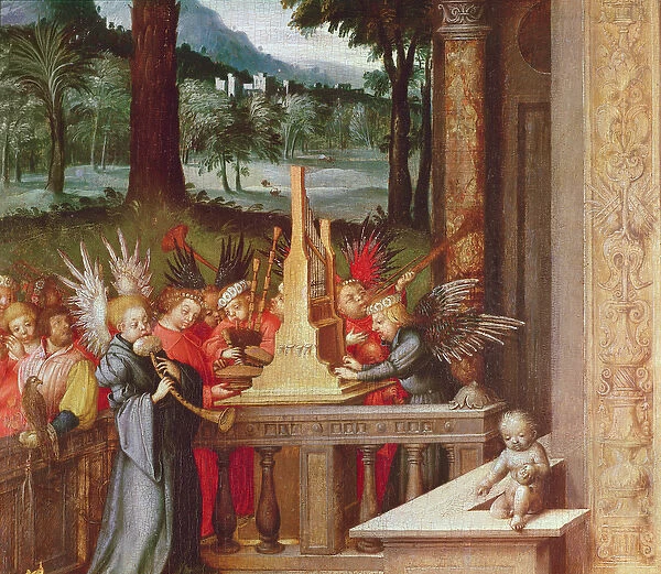 Virgin, Child and Saints (detail of angels playing the organ), 1519 (oil on oak)