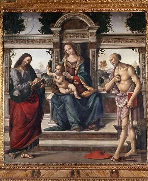 Virgin with child and two saints, st Matthew and st Jerome Painting by Lorenzo di Credi