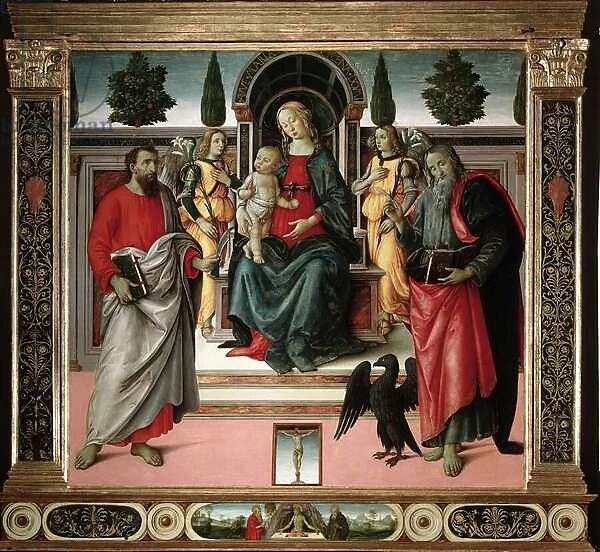 Virgin with child with st John and st Bartholomew Painting by the master of Santo Spirito