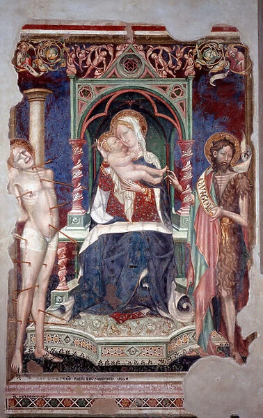 Virgin with child surrounded by st Sebastian and st John Baptist (Fresco, 1416)