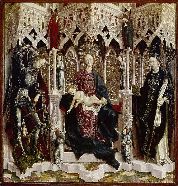 Virgin Enthroned with Child, Angels and Saints. ( oil on metal, 15th century)