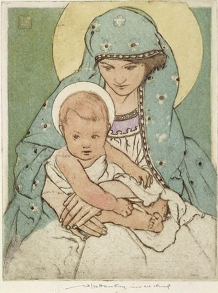 Virgin Mary with the Infant Christ (hand coloured drypoint)