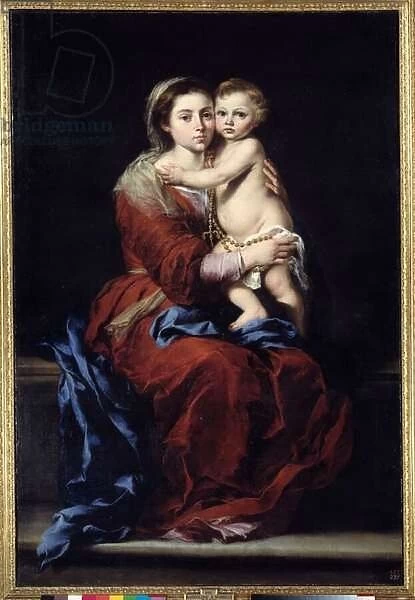 The virgin of the rosary. Madonna has the child. Painting by Bartolome Murillo (1618-1682