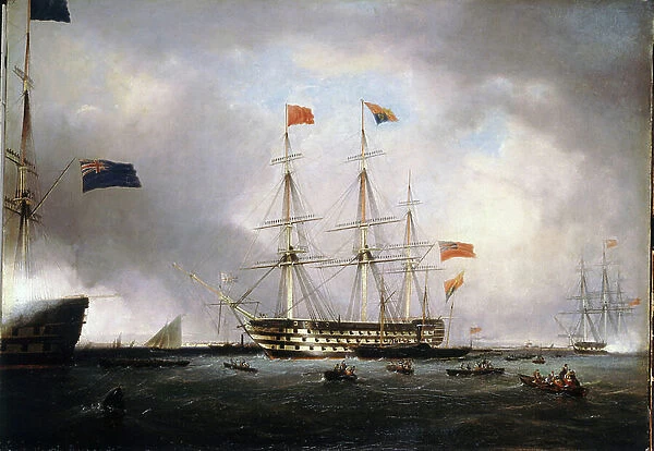 The visit of Queen Victoria 1st of the United Kingdom (United Kingdom) (1819-1901) to HMS 'Queen', in Portsmouth (England), March 1, 1842