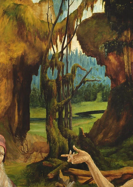 The visit of Saint Anthony to Saint Paul the hermit. Detail of Saint Pauls hand from the Isenheim altarpiece, c. 1512-16 (oil on wood)