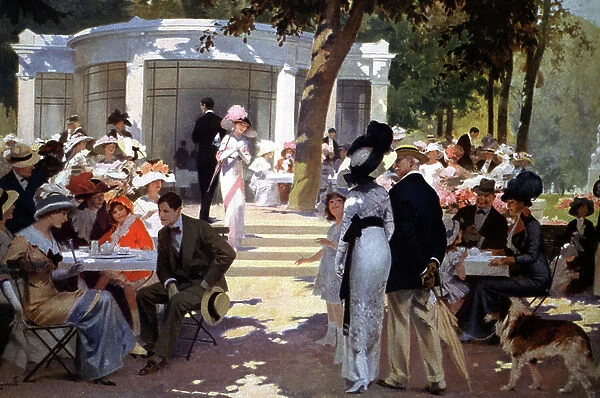 At Vittel spa : people are drinking refreshments, early 20th cntury (illustration)