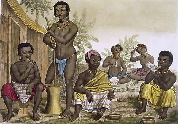 Vol II Pl. 42 Near Luanda, Congo, Natives of the Muchicongo tribe, from Le Costume Ancien et Moderne c.1820-30 (colour litho)
