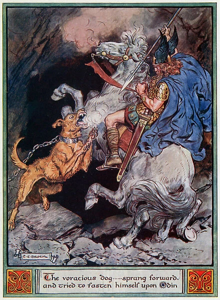 The voracious dog... sprang forward and tried to fasten himself upon Odin, illustration from The Heroes of Asgard, tales from Scandinavian Mythology, by A & E Keary, 1930 (colour litho)