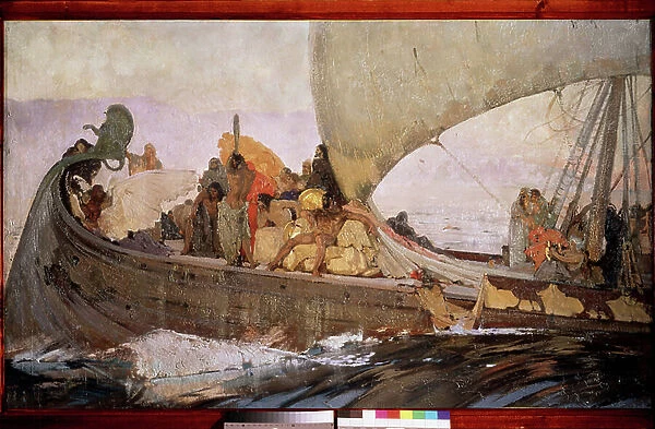 Un voyage des minoens (A trip of the Minoans). Embarques pour naviguer au large de la Crete. Peinture de Ivan Grigoryevich Myasoyedov (Miasoyedov, Miasoedov) (1881-1953), huile sur toile, 1908. Art russe, 20e siecle