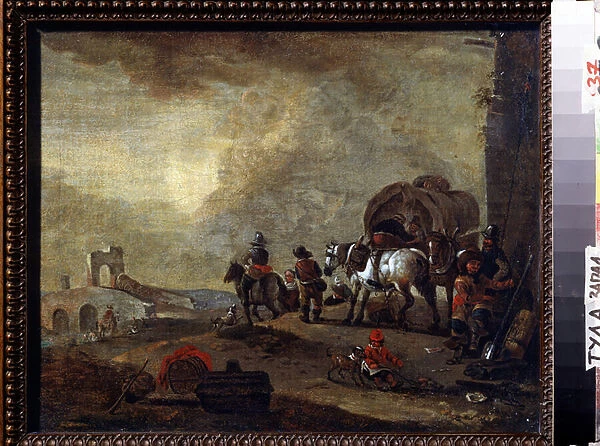 Voyageurs sur la route (Travellers on the way). Peinture de Philips Wouwerman (1619-1668). Huile sur toile, 33, 5 x 41, 5 cm. Art flamand, style baroque. State Art Museum, Tula (ou Tolan), Russie