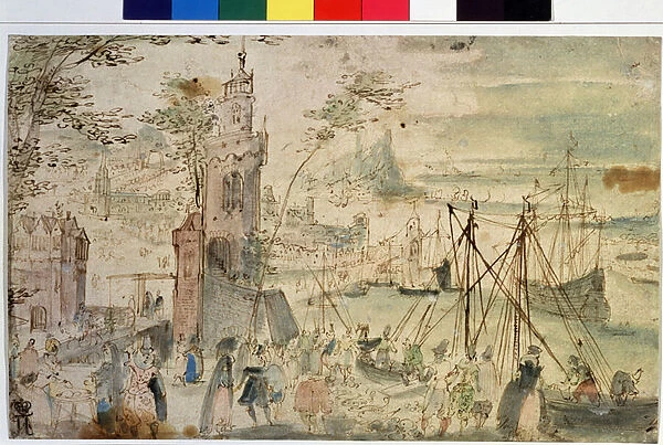 'Vue d un port'Port hollandais. Aquarelle et plume de Louis de Caulery (dit le Maitre du Livre d Esquisses de Leningrad) (vers 1580- apres 1621) 17eme siecle Musee Pouchkine, Moscou, Russie