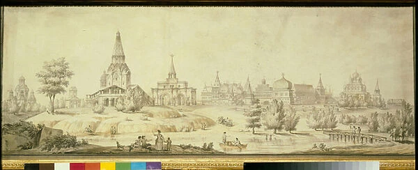Vue du quartier de Kolomenskoie a Moscou, a gauche l eglise de l Ascension - Oeuvre de Giacomo Antonio Domenico Quarenghi (1744-1817), 1795 - View of Kolomenskoye - Pen, brush, watercolour