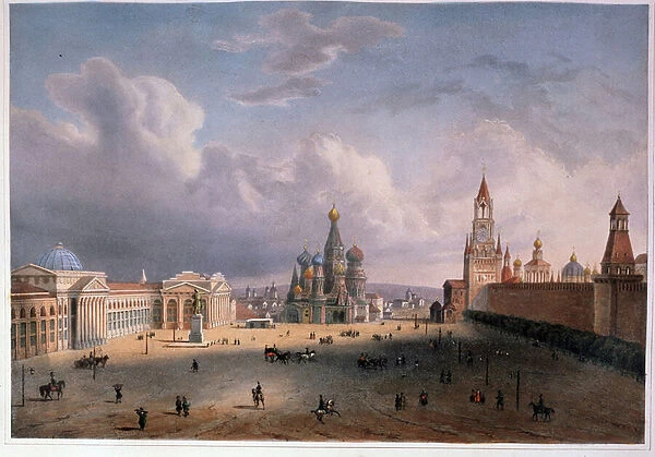 Vue de la Place Rouge a Moscou (Russie) (View of the Red Square in Moscow). Oeuvre de Edouard Jean Marie Hostein (1804-1889), lithographie mise en couleurs a l aquarelle, vers 1830, art francais 19e siecle. A