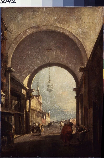 Vue de Venise (City view). Peinture de Francesco Guardi (1712-1793), vers 1770. Huile sur bois. Art venitien style rococo. Musee de l Ermitage Saint Petersbourg
