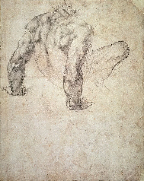 W. 63r Study of a male nude, leaning back on his hands (pencil on paper)