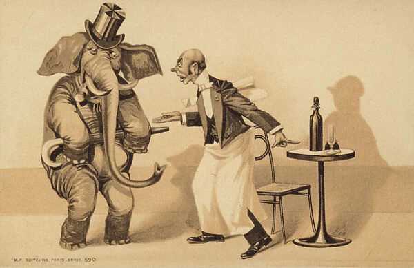 Waiter serves an elephant (colour litho)