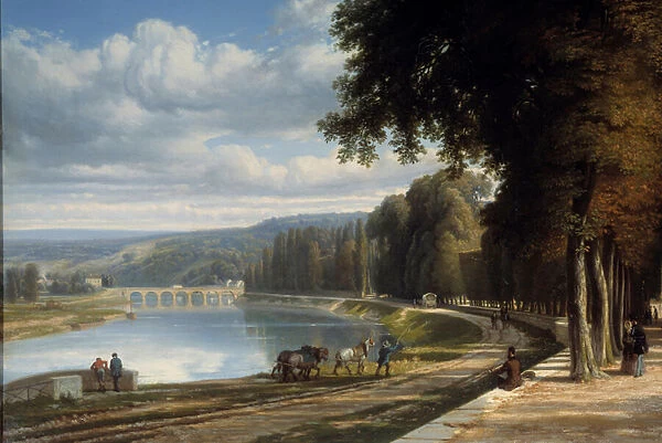 Walk to the Parc de Saint Cloud Detail on the banks of the Seine, horses on the towpath. Painting by Raymond Esbrat (1809-1856) 1850 Roanne. Joseph Dechelette Museum