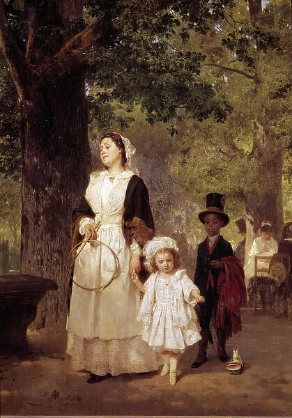 The walk to the Tuileries Garden. Painting by Louis Knaus (1829 - 1910), 1855