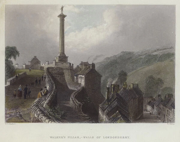 Walkers Pillar, Walls of Londonderry, Ireland (coloured engraving)
